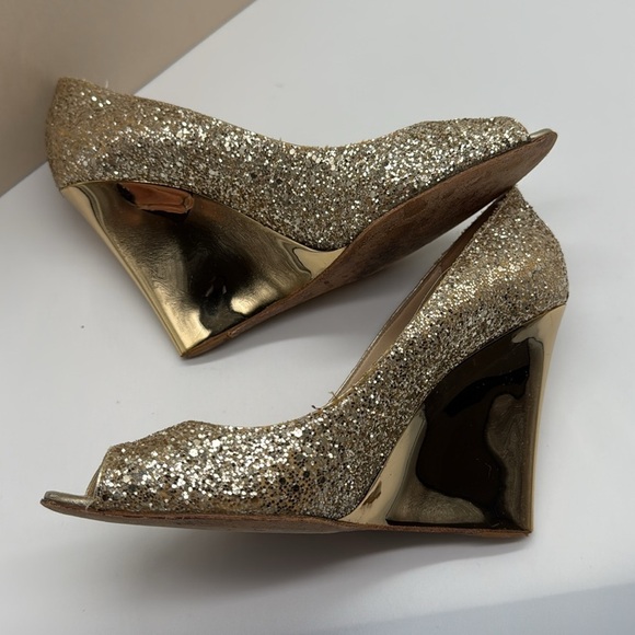 Jimmy  Choo Baxen Woven Metallic Peep Toe Wedge Heels Gold Glitter Size 38 - Picture 8 of 16